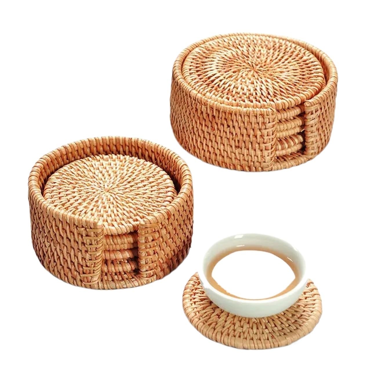 Rattan-Tassenuntersetzer-Set für Kungfu-Teetassen, rundes Tischset, Geschirrmatte, Rattan-Gewebe, Tischmatte, wärmeisolierende Matte (8 cm, 4 Set)