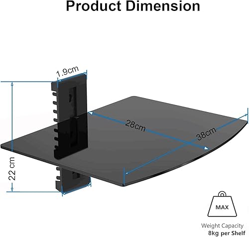 Miniatura 3 de suptek Estante flotante de vidrio, estante multimedia de 1 nivel para accesorios de TV, soporte de montaje en pared negro plano, capacidad de peso