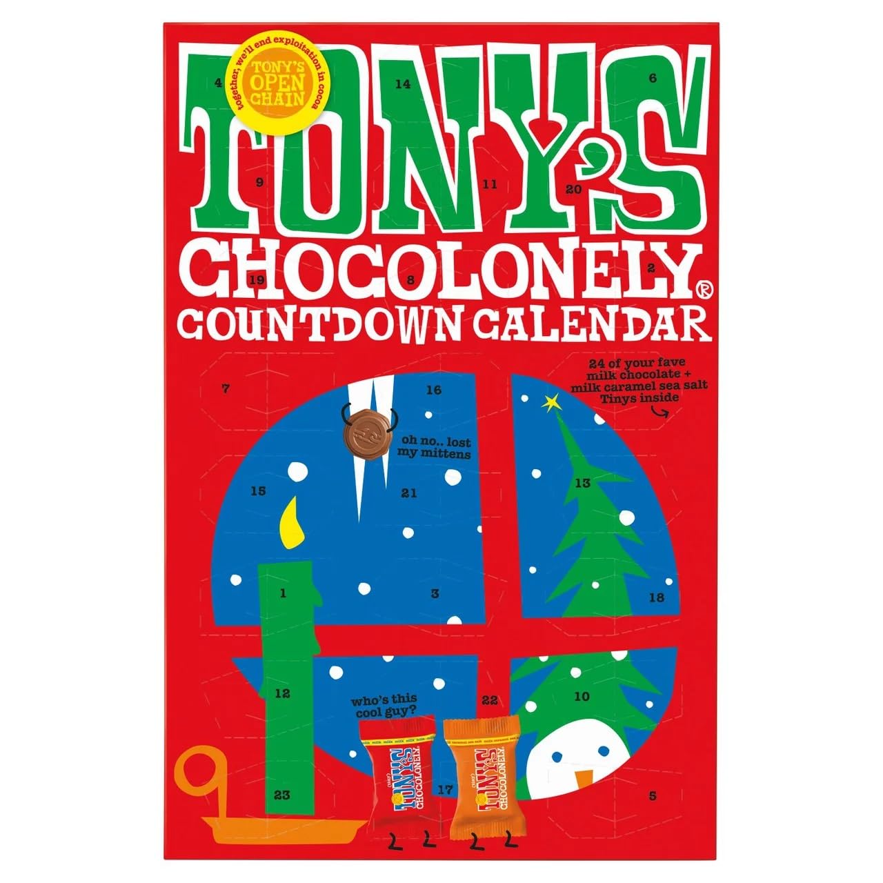 Smaller Advent Calendar - Christmas Countdown, 24 Milk Chocolate & Milk Caramel Sea Salt Tiny Tony's, Vegetarian, Belgian Fairtrade Chocolate, 216g