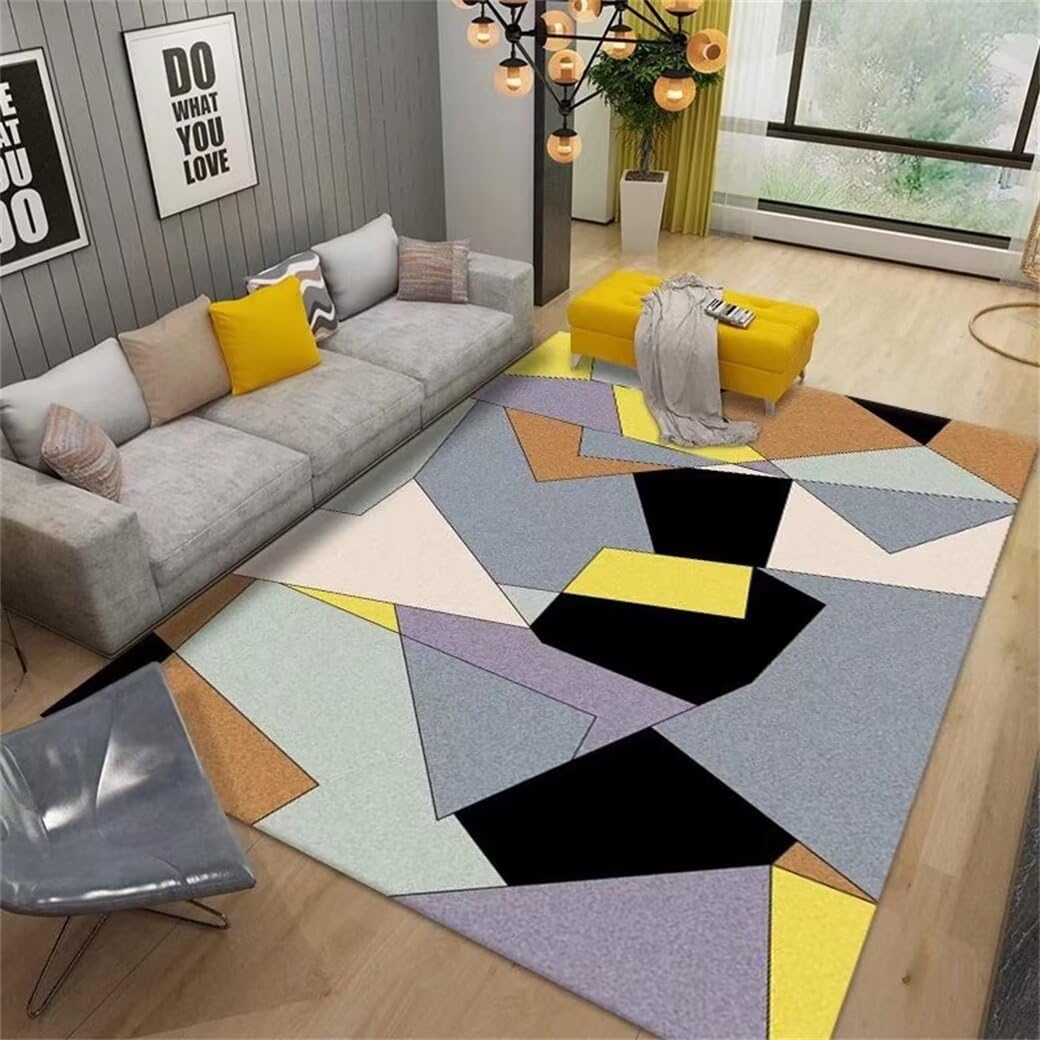 Tapis salle a manger et enfant jaune 80x150 : tapis géométrique lavable et pas chere