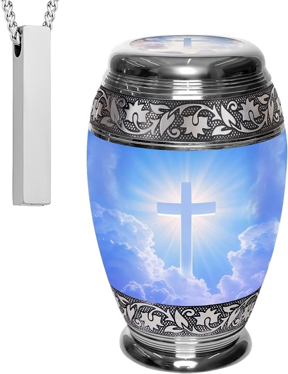 Set of 2 Cross Decorative Cremation Urns for Ashes Adult Male & Female Includes 1 Large Urn with & 1 Necklace for Human Ashes