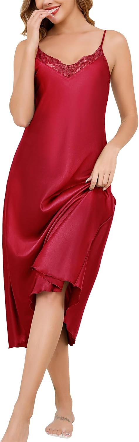 Vlazom Women's Satin Nightgowns Sexy Lingerie Long Nightgowns Satin Silk Negligee V Neck Lace Chemise Sleepwear S-XXL