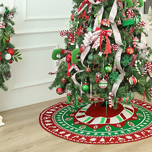 Wbhome Christmas Tree Skirt, 52 Inch Red & Elf Green Cable Knitted Xmas Tree Skirt With Candy Snowflake Tree Pattern, Thick Rustic Holiday Home Party Decoration, Fit For Up To 9Ft Xmas Tree #TOP6
