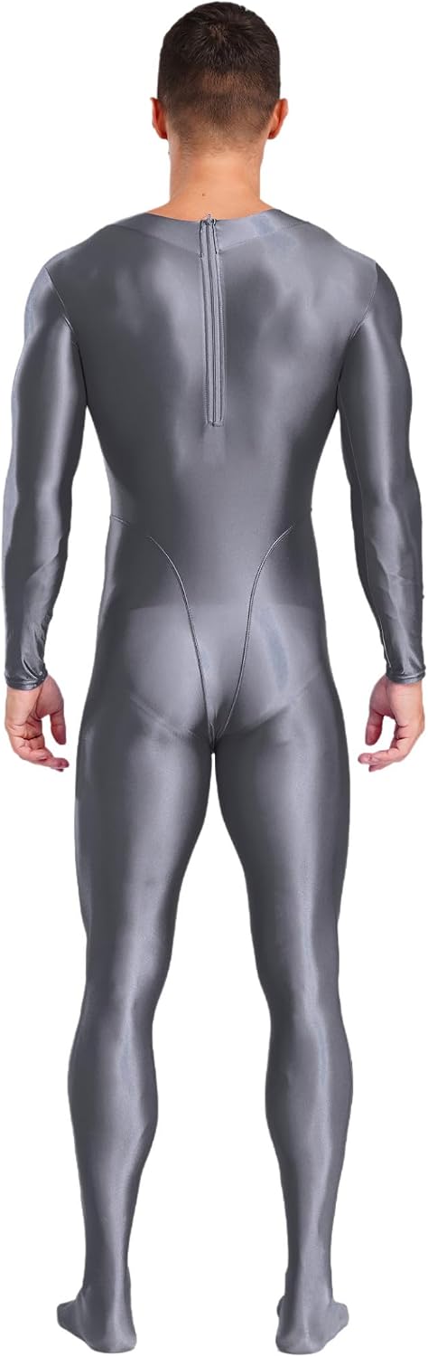 Mens Shiny Full Bodysuit Glossy Jumpsuit Silky Sheer Bodysuit Romper for Club Party Cosplay