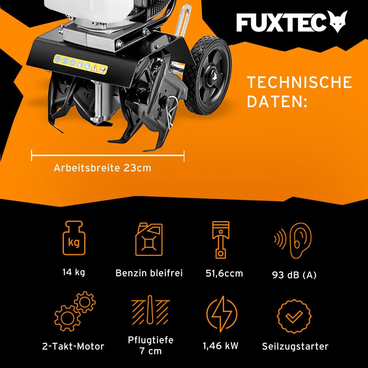 FUXTEC Ackerfräse FX-AF152 – Motorhacke, Bodenfräse mit 2 Takt Motor und 23 cm Breite, einem 51,6 ccm Hubraum, 2 Fräswerkzeuge mit einer Höhe von 70mm - netto Gewicht von 14 Kg