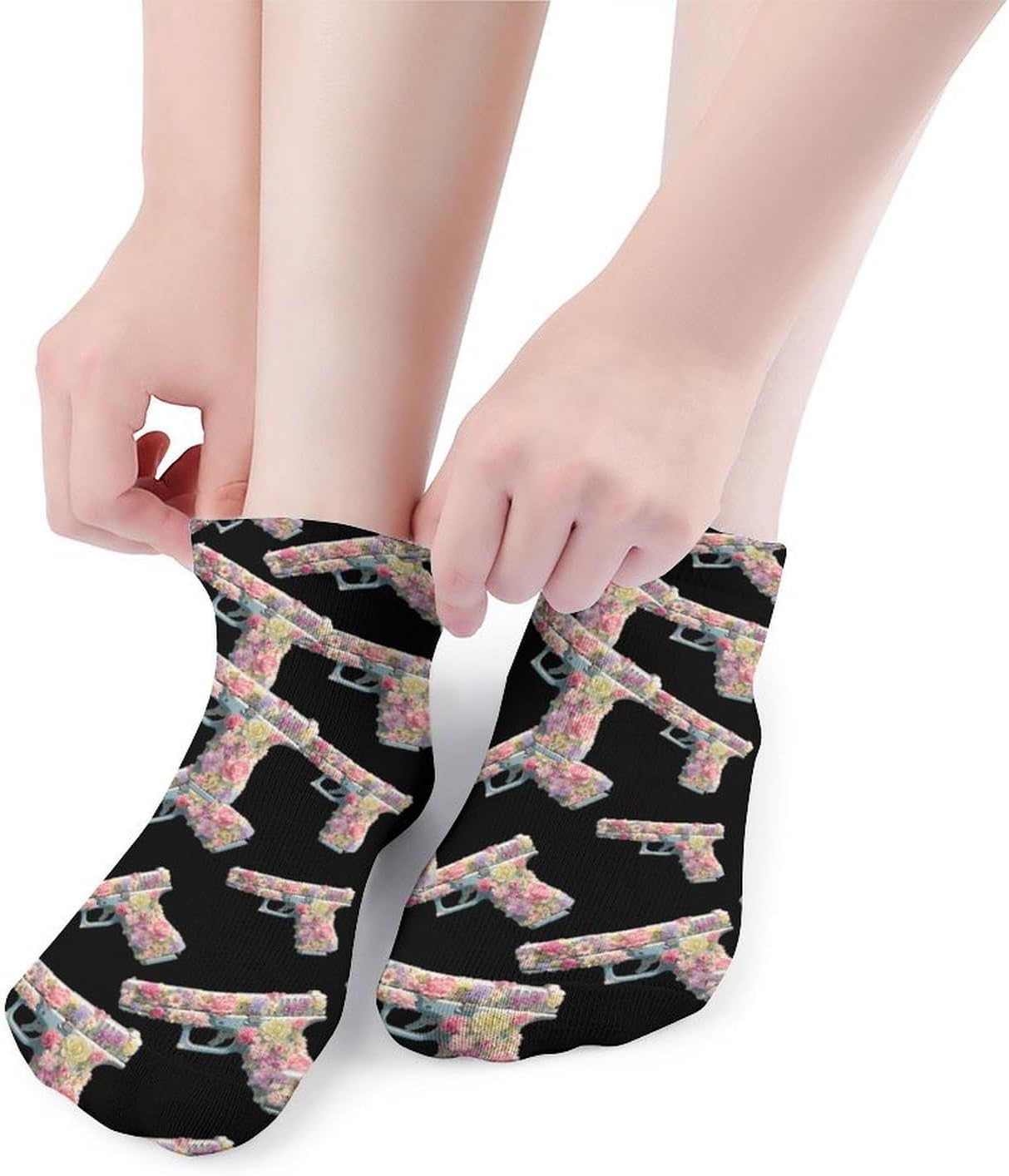 Flower Guns Floral No Show Ankle Socks Low Cut Non Slip Flat Boat Line 5 Pairs Set