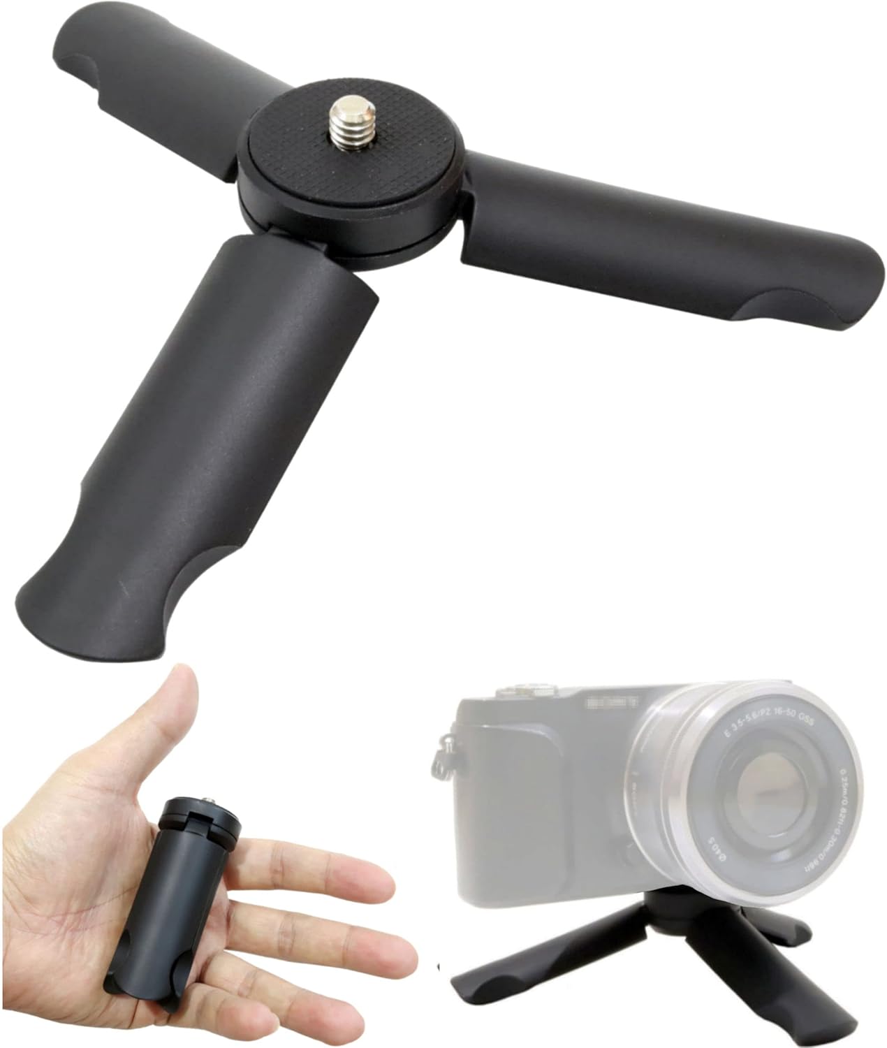 カメラスタンド スマホ用ホルダー付き 卓上三脚 ミニ三脚 カメラグリップ コンパクト 小型 軽量 ミニテーブルポッド 自撮り棒 iPhone