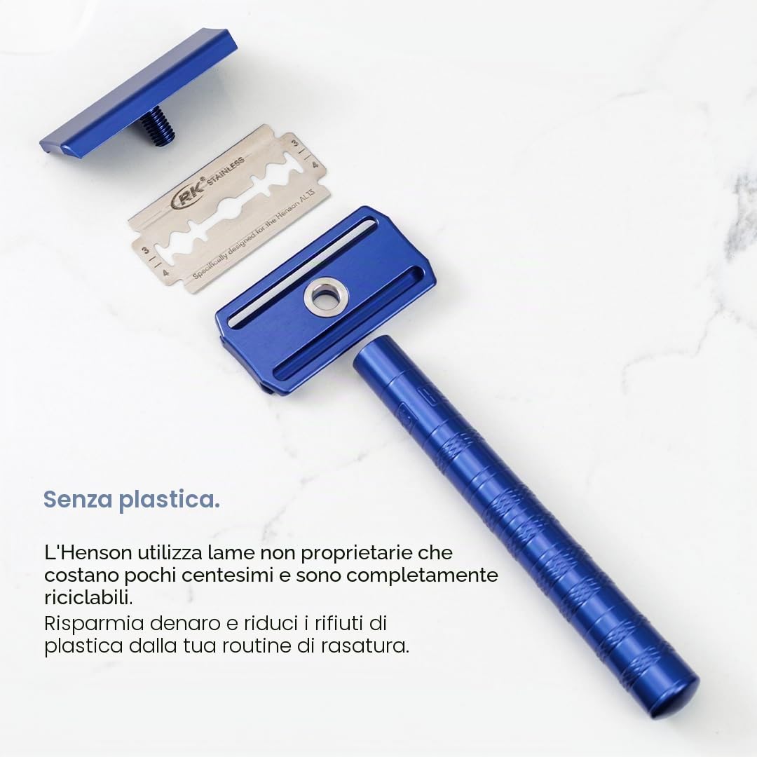 Henson Shaving Rasoio di Sicurezza Jet Black + 5 Lamette | Aggressività lieve, corpo in alluminio blu acciaio, stile classico, unisex, 5 lame di ricambio incluse