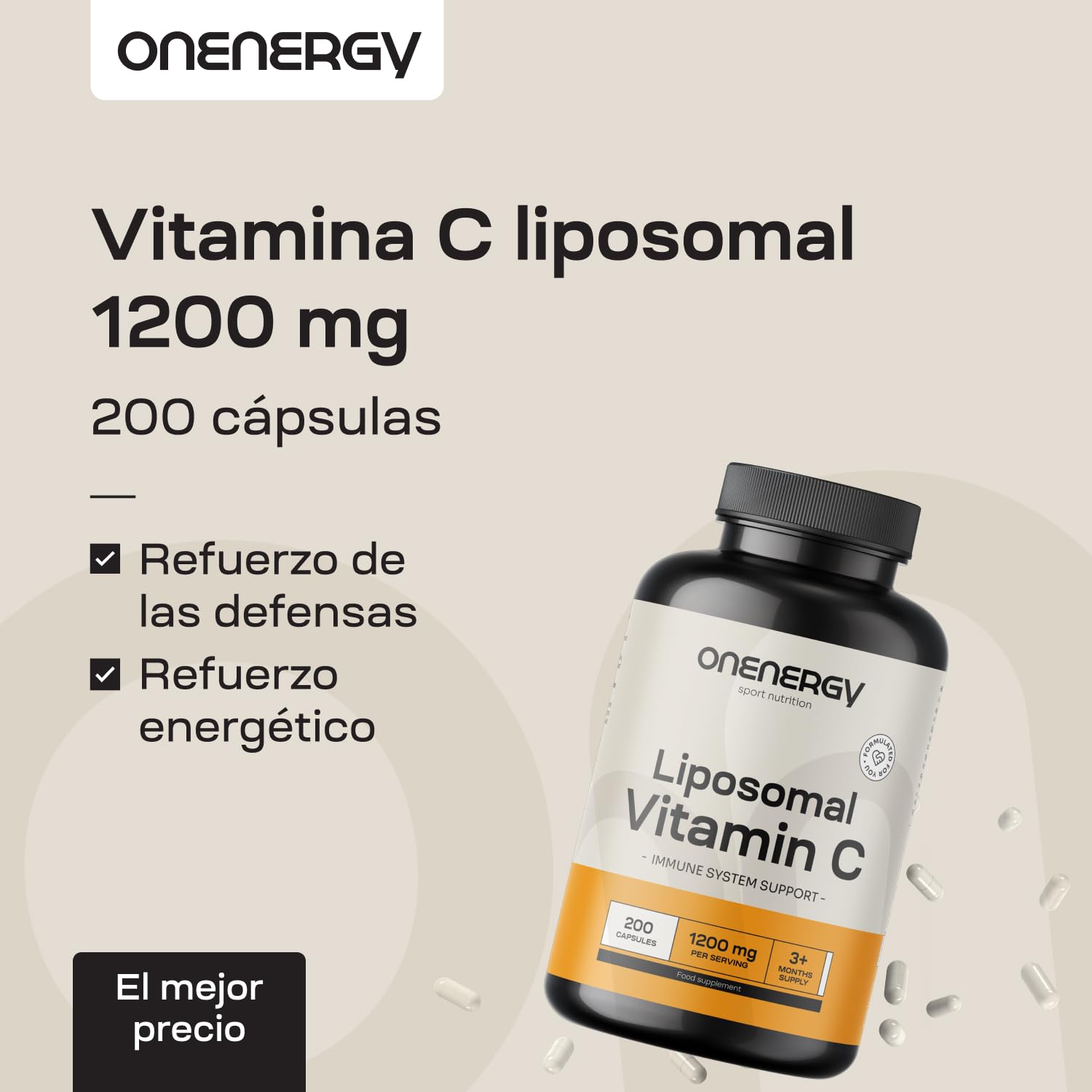 Vitamina C Liposomal 1200 mg - 200 Cápsulas | Extracto de Fosfolípidos de Rosa Canina y Girasol, Refuerzo del Sistema Inmunológico, Acción Antioxidante, Aumento de Energía