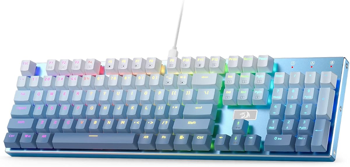 Redragon K556 Teclado mecánico para juegos RGB con cable, tablero de aluminio de 104 teclas | Sólida estabilidad de escritorio, 20 retroiluminación para un ambiente inmersivo de deportes electrónicos, interruptor lineal personalizado cremoso de intercambio en caliente, teclas en azul degradado