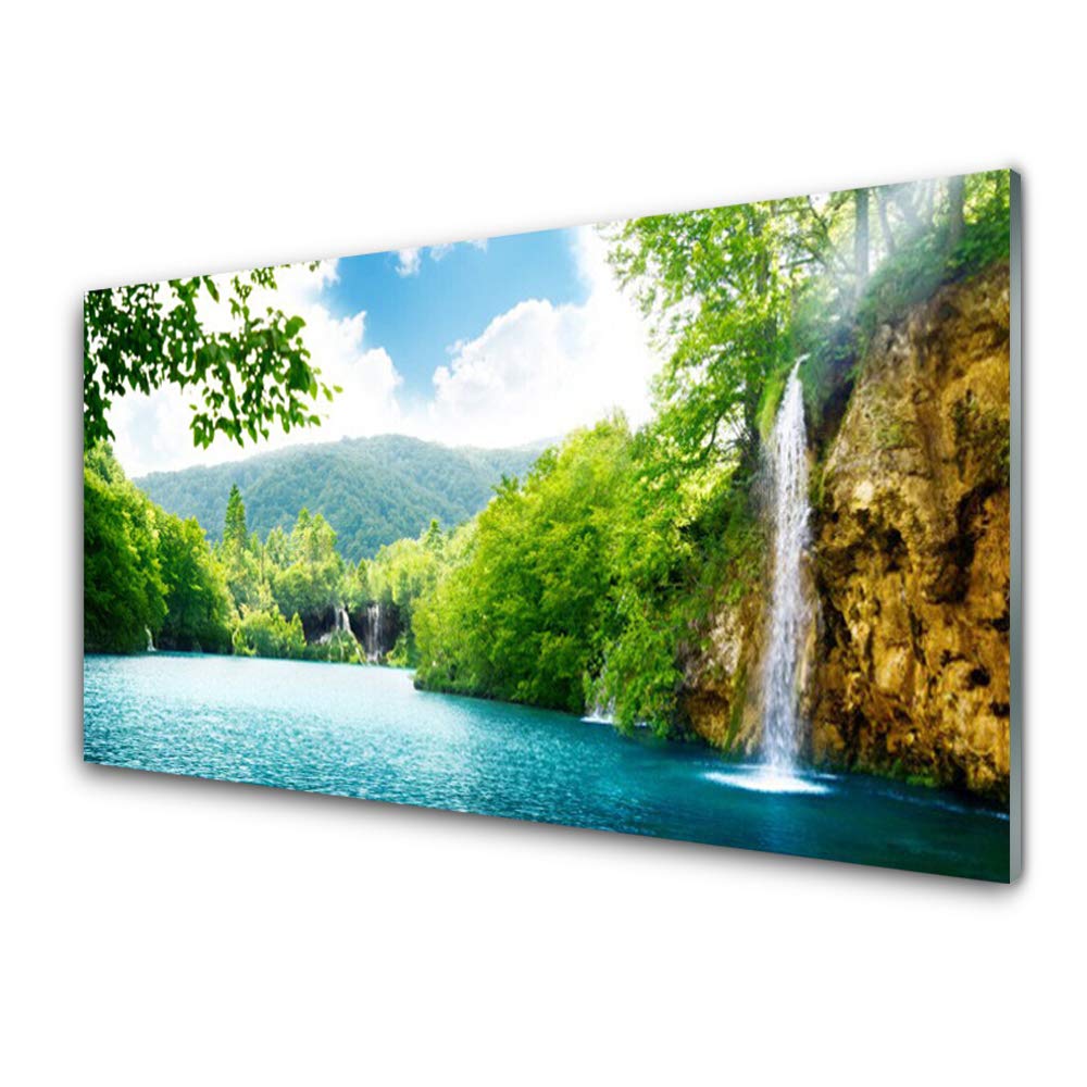 Tableau mural moderne cascade et lac Tulup en verre trempé 100x50 cm