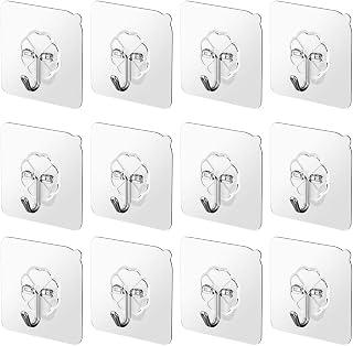 Ninth Five Adhesive Hooks(13.2lb/6kg) Heavy Duty Sticky Wall & Ceiling & Door Hooks Nail Free Clear Reusable Hook for Bathroom and Kitchen No Scratch Waterproof and Oilproof (12 Pack)