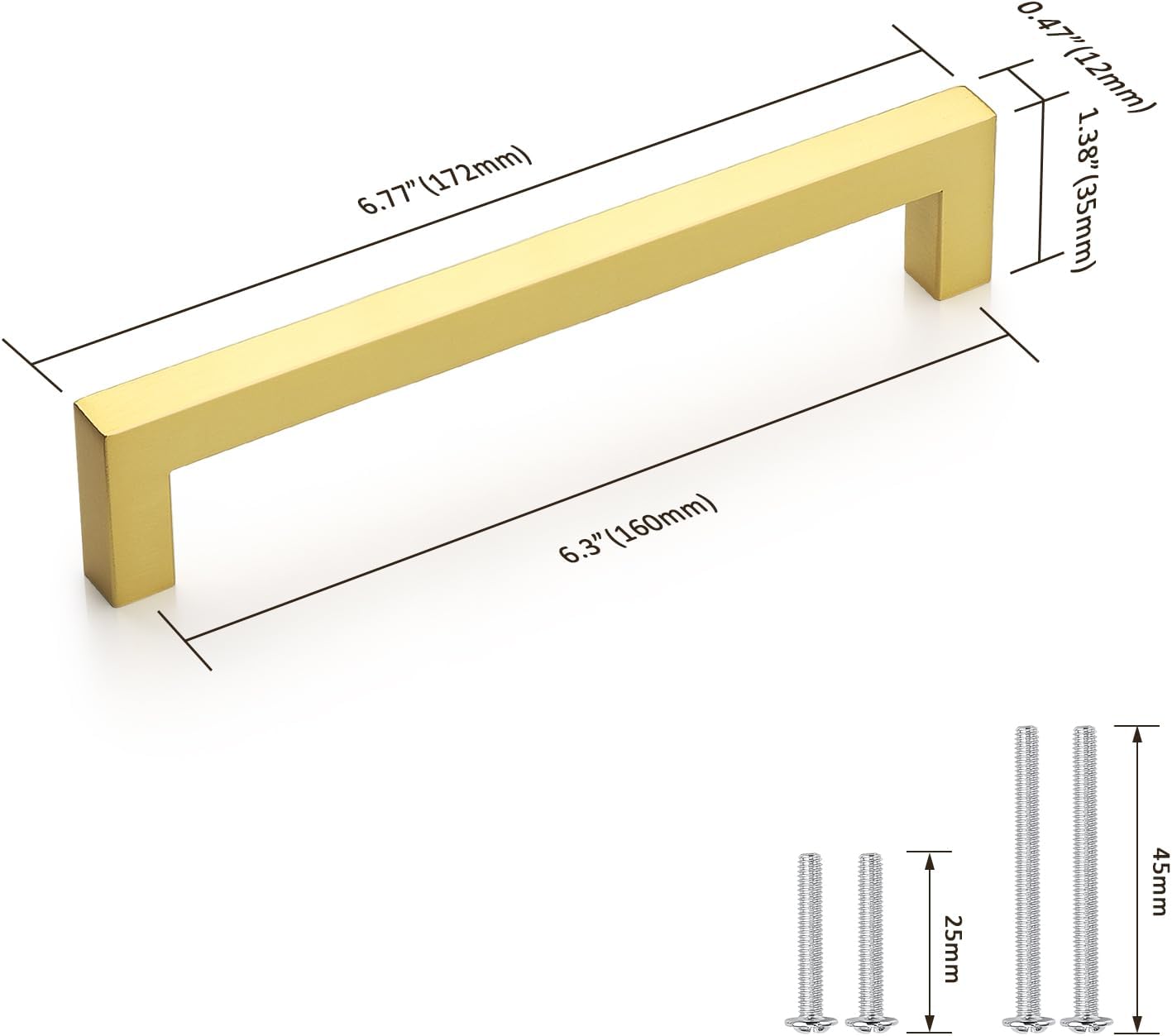 Probrico 10 Pack Square Golden Kitchen Cabinet Pulls 6.3 Inch Stainless Steel Brushed Brass Cabinet Handles Square Corner Bar Polished Gold Dresser Drawer Pull Handles Total Length 6.8Inch