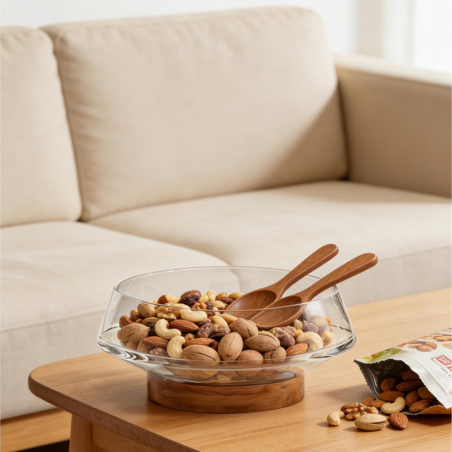 Extra Large Glass Salad Bowl Set -Hosting Essentials Salad Serving Bowl With Acacia Wood Base And Serving Utensils -Dinner Party Must Haves For All Occasions (1 Set)