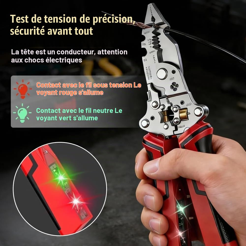 Pince à dénuder et torsadeuse 16 en 1 avec testeur de tension (12-250 V), pince à dénuder multifonctionnelle pour couper, tirer et sertir les fils, outil d'électricien pliable pour réparation