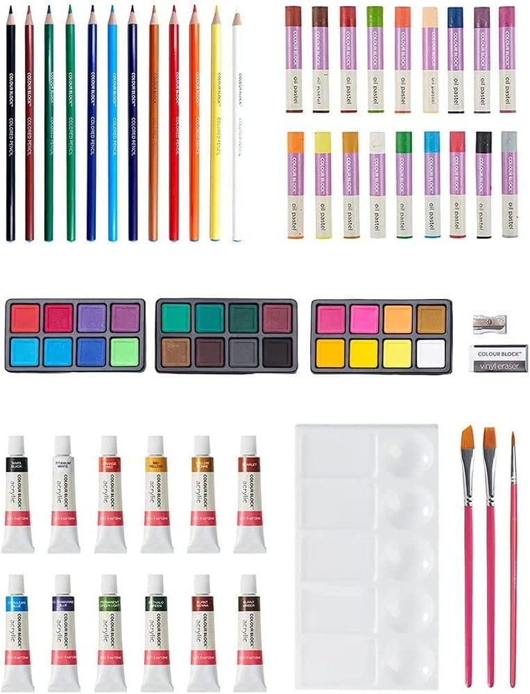 COLOUR BLOCK 73pc Deluxe Wooden Art Set I Color Pencil, Acrylic Paints, Watercolor Cakes, Oil Pastel, Paint Brush, Palettes I Portable Art Supplies for Kids, Teens, Adults, Beginner to Artist