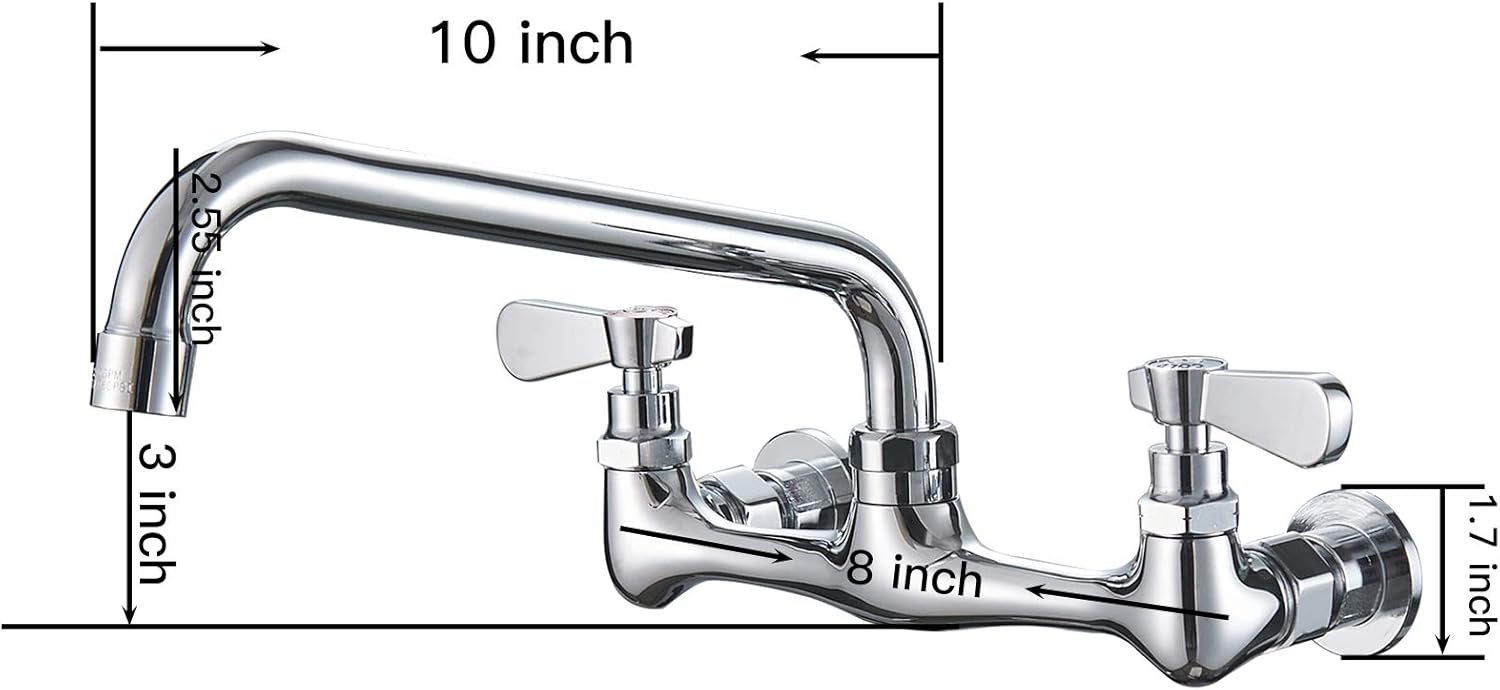 Kitchen Sink Faucet Wall Mounted 8" Centers 8" Adjustable Centers 1/2 Female Inlets 10" Swivel Spout 2-Handle Utility Commercial Sink Faucet Polish Chrome Mixer Tap by Homevacious