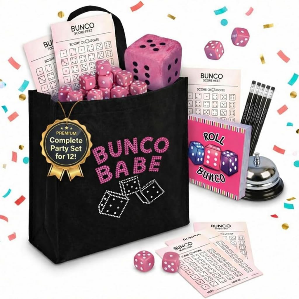 Bunco Babe Game Kit for 12 Players – All-in-One Bunco Party Supplies Starter Set with Tote Bag, Dice, Score Sheets, Pencils, Bell & Plush Die – Ready-to-Play Hostess Kit