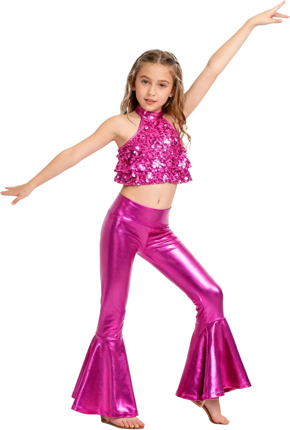 Kids Girls Disco Dance Outfit Sequin Crop Top with Metallic Bell Bottom Pants Hip Hop Jazz Dancewear