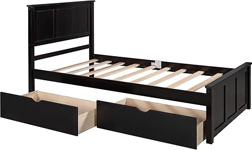 Miniatura 5 de P PURLOVE Cama de plataforma de tamaño individual con cajón, marco de cama de almacenamiento de madera individual con cabecera y cajón, soporte de