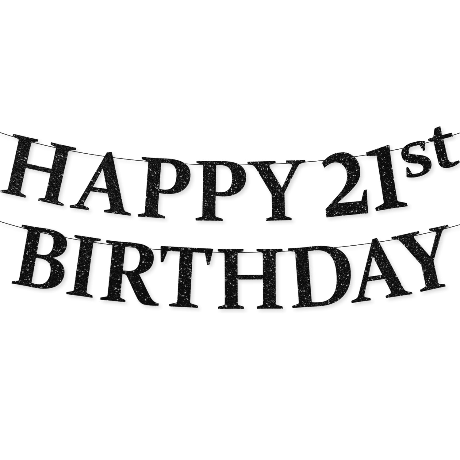 Photo 1 of PartyForever Happy 21st Birthday Banner – Black Glitter Banner for 21st Birthday Decorations | Pre-Strung, 6 Inch Tall Letters | Party Sign for Him or Her | 300GSM No-Shed Cardstock