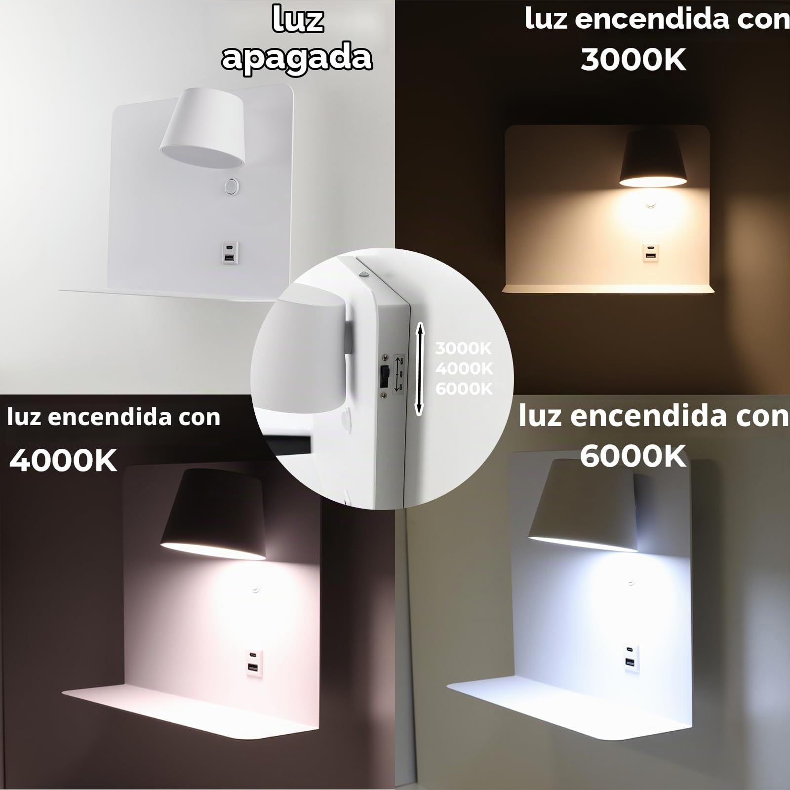 Alpinaluz Aplique de Pared LED Orientable 6W con CCT 3000K/4000K/6000K, Puertos de Carga USB y USB-C, Estructura de Acero Lacado y Foco de Aluminio (Blanco Derecho)