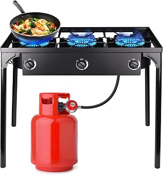 Camping Stove Propane Gas Stove, High Pressure Outdoor Cooker, Portable Propane Stove for Backyard Cooking, BBQ, Camp Kitchen, and Outdoor Adventures 3 Burner