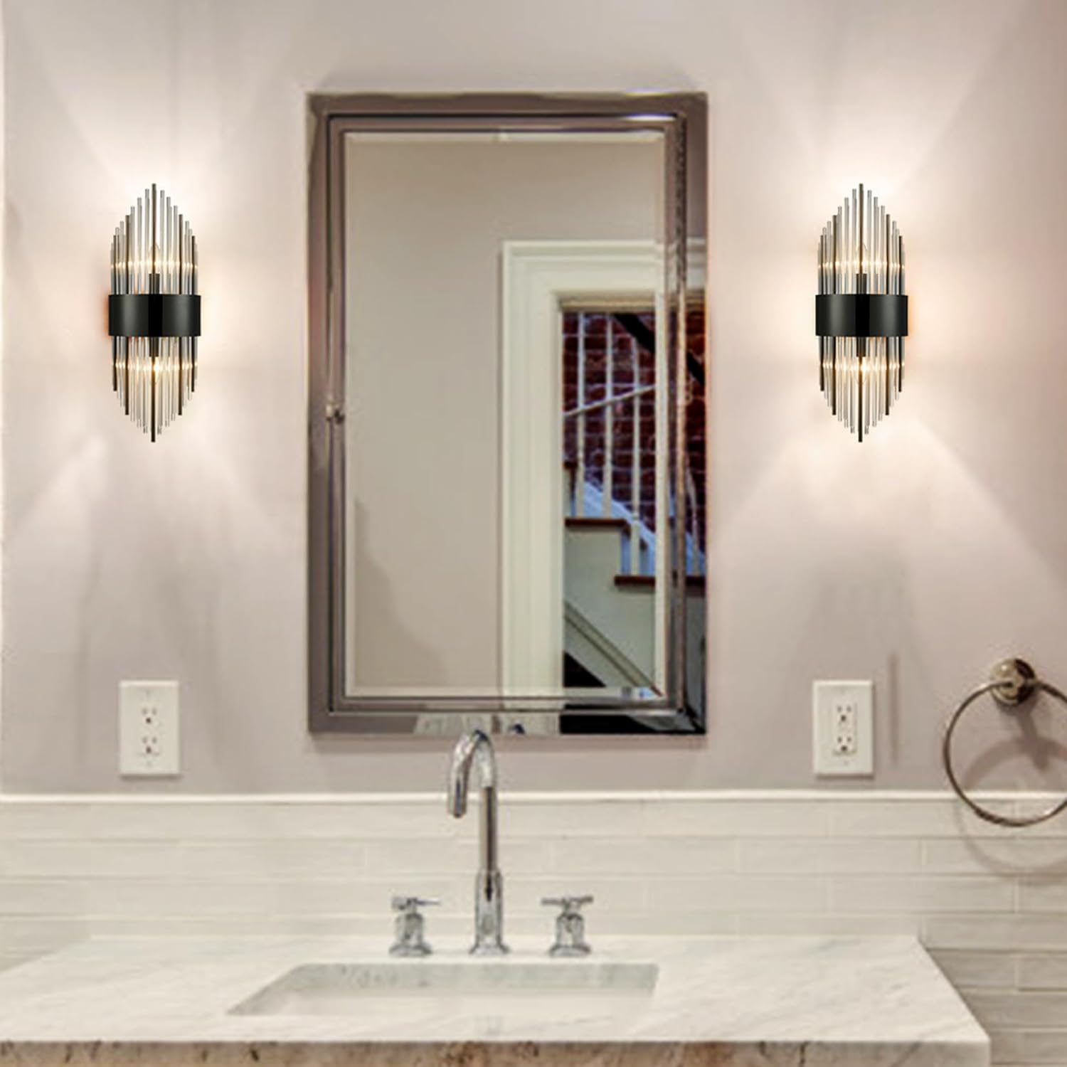 SAMTEEN Crystal Wall Sconces Set of Two Modern 2-Light Crystal Sconces Wall Lighting Black Glass Bathroom Wall Light Fixture for Hallway, Bedroom, Entryway, Foyer