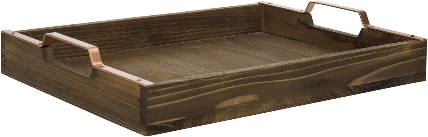 Top Brands MyGift Rustic Burnt Wood 16-inch Breakfast Serving Tray with Copper-Tone Metal Handles