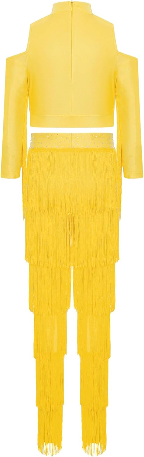 Freebily Kids Girls Latin Dance Outfit Tassel Crop Top Fringe Practice Pants Set Tango Jazz Ballroom Dancewear Yellow 8 Years