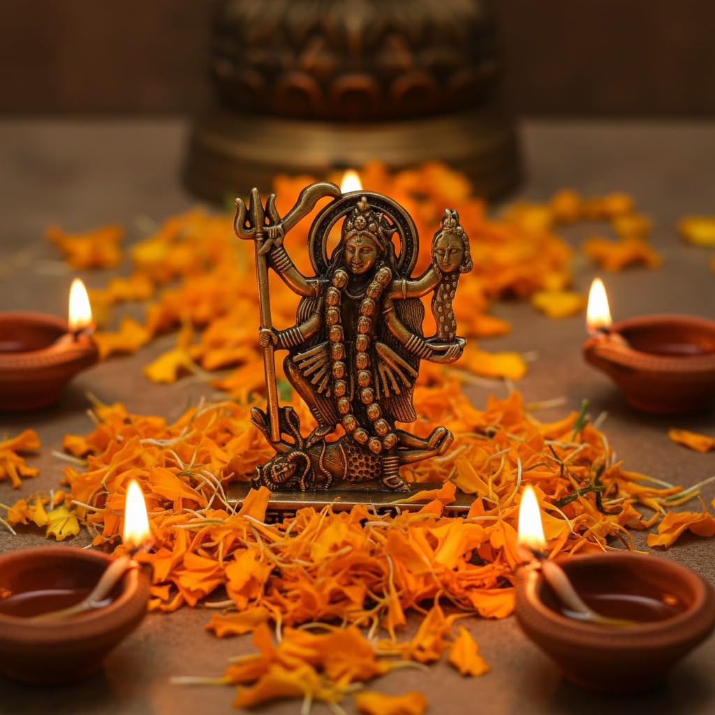 Bronze Finish Metal Jai Kali Maa Idol for Car Dashboard, Home Temple & Office Desk, Hindu Goddess Kali Murti, Religious Decorative Statue for Pooja Room, Spiritual Gift & Blessings, Bronze-image-33