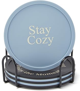 HiramWare Silicone Coasters Set of 6, Premium Drink Coaster with Holder, Non-Slip, Non-Stick, Dishwasher Safe, Perfect for Hot and Cold Drinks, Protect Your Desks and Tables3 Morandi Blue + 3 Black