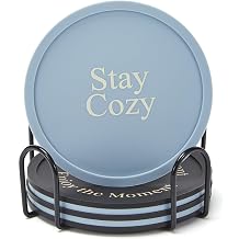 HiramWare Silicone Coasters Set of 6, Premium Drink Coaster with Holder, Non-Slip, Non-Stick, Dishwasher Safe, Perfect for Hot and Cold Drinks, Protect Your Desks and Tables3 Morandi Blue + 3 Black