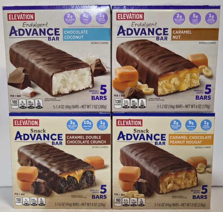 Elevation Endulgent & Snack Advance Bar 4 Flavors Chocolate Coconut, Caramel Nut, Cameral Double Chocolate Crunch, Caramel Chocolate Peanut Nougat (Four Boxes)
