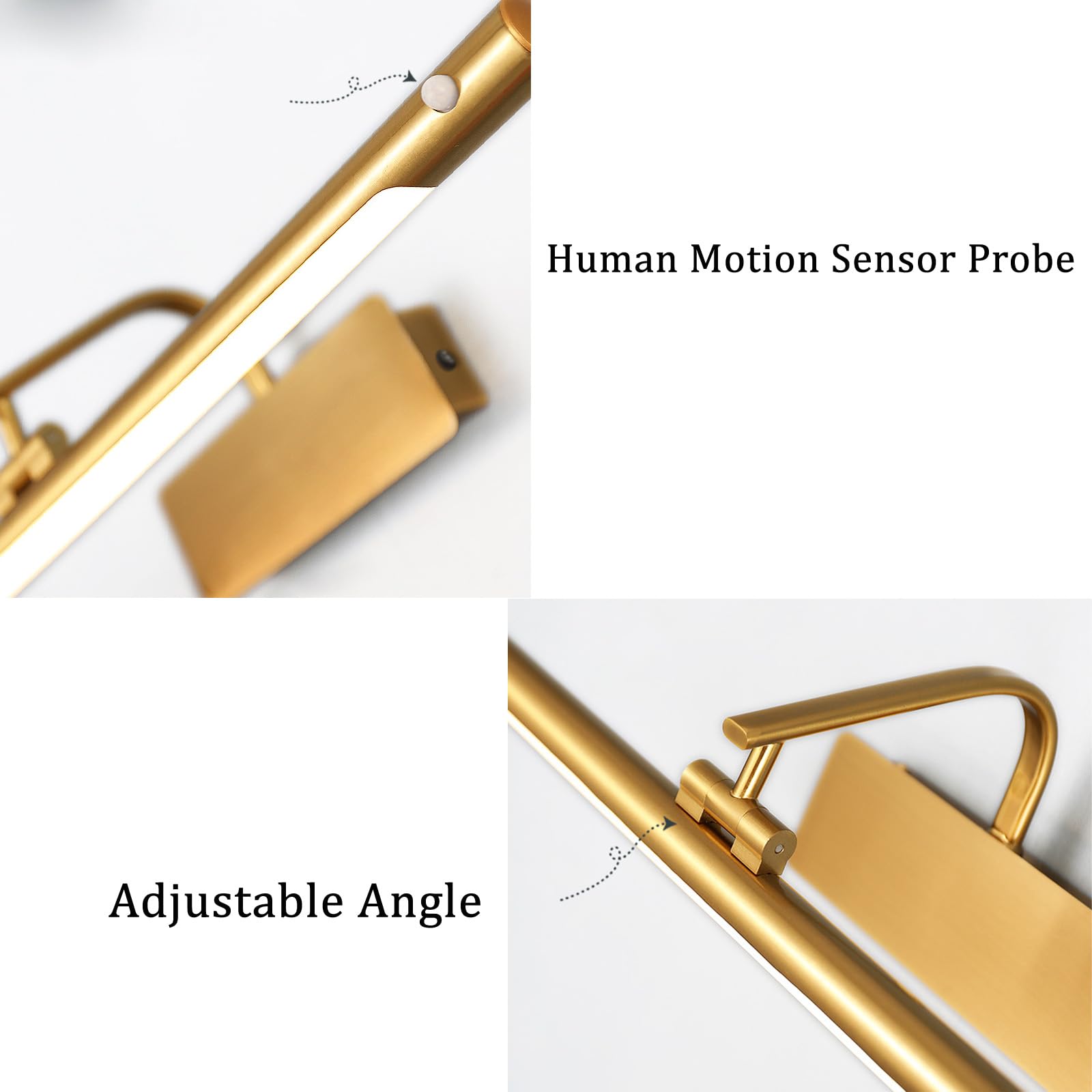 LED Spiegelleuchte Bad mit Bewegungsmelder Modern Wandleuchte Faltbar Einstellbarer Winkel Wasserdicht Wandbeleuchtung Bildbeleuchtung für Schminktisch Badezimmer (Goldenes Neutrales Licht,50cm)