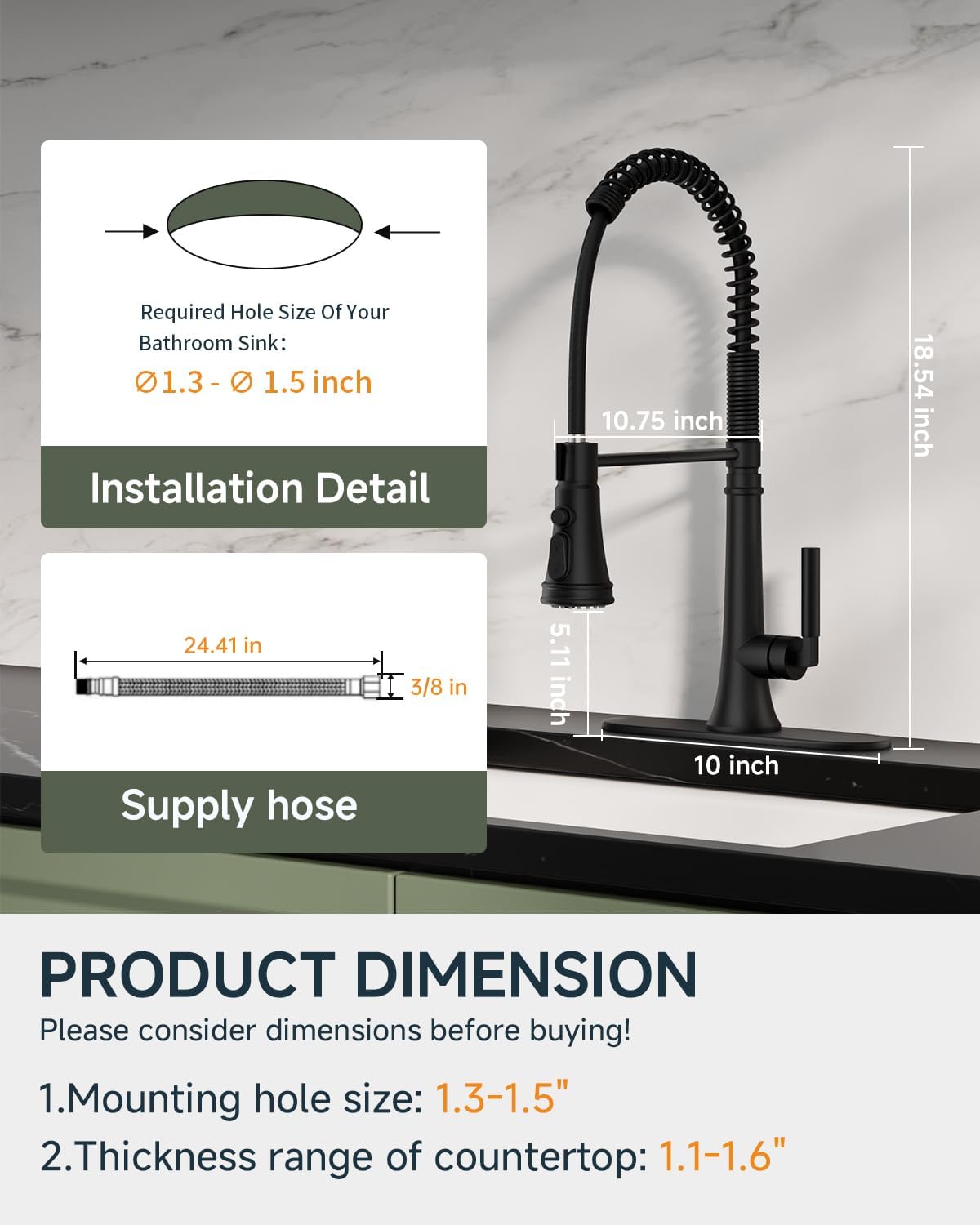 BWE 3-Function Kitchen Faucets with Pull Down Sprayer, Stainless Steel Kitchen Sink Faucet 1 or 3 Holes, Single-Handle Kitchen Faucets Commercial Faucet with Deck Plate, Matte Black