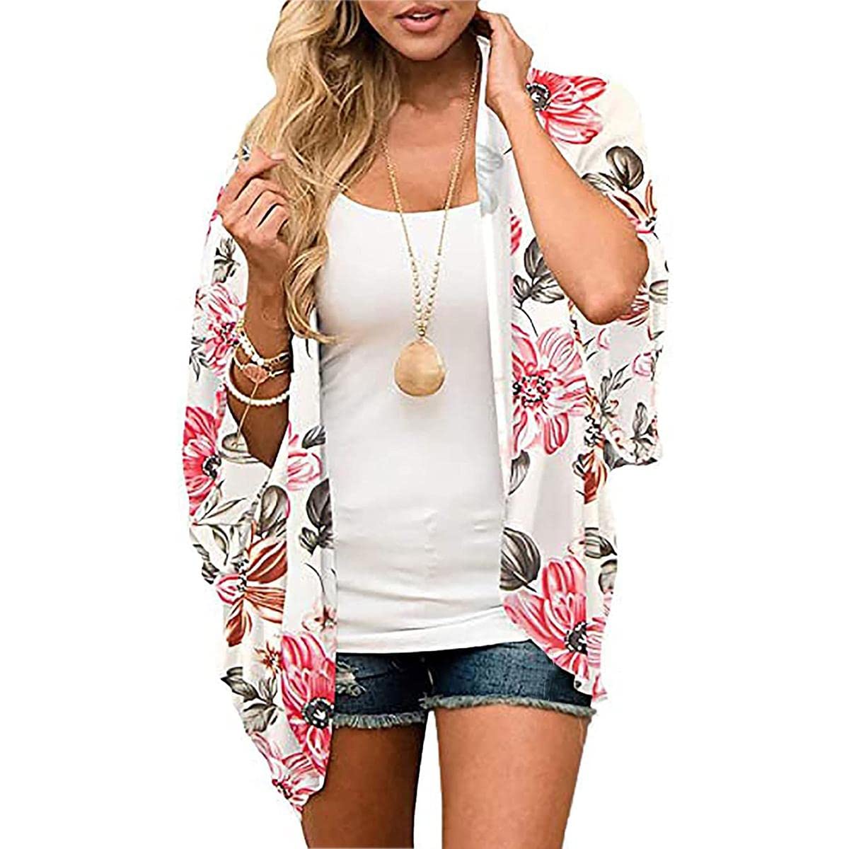 TBSCWYF Mujer Cárdigan Kimono Florales Manga 3/4 Gasa Boho Blusa Playa Encubrir Chaqueta Vacaciones Playa Chal