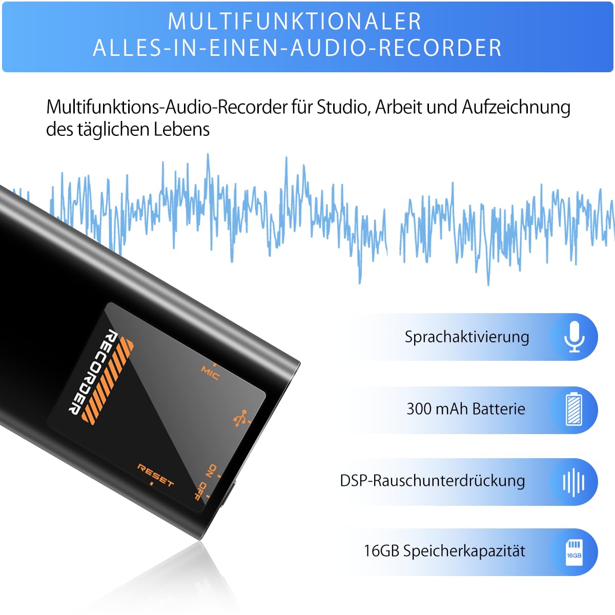 16GB Mini Diktiergerät mit eingebautem Magnet,1130h Speicher Diktiergerät Aufnahmegerät,Wiedergabe mit DSP-Rauschunterdrückung & HD-Audio Voice Recorder, One-Touch-Aufnahme, Interview, Meeting