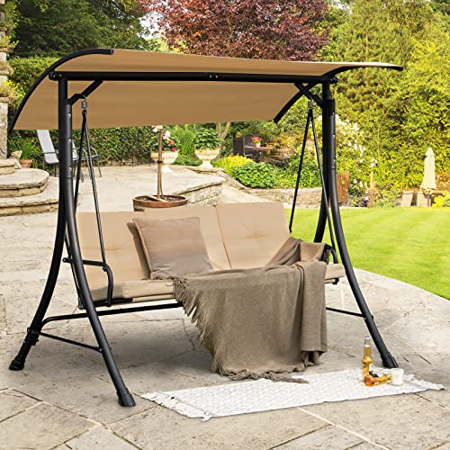 Image of Tangkula 3 Person Porch Swing, Outdoor Swing with Removable Cushions, Solid Steel Structure, Patio Swing with Adjustable Canopy for Garden, Backyard, Balcony, Poolside Beige