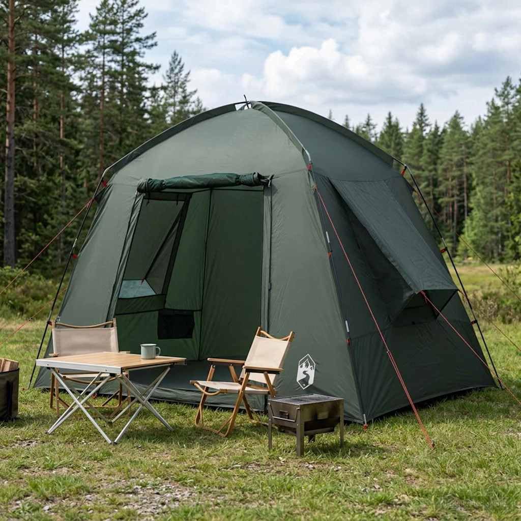 Hütten-Zelt Cabin Zelt Olivegrün aus Polyester 210 x 210 x 138 cm für Camping Familie, Outdoor Event, wasserdicht und mit Luftöffnung