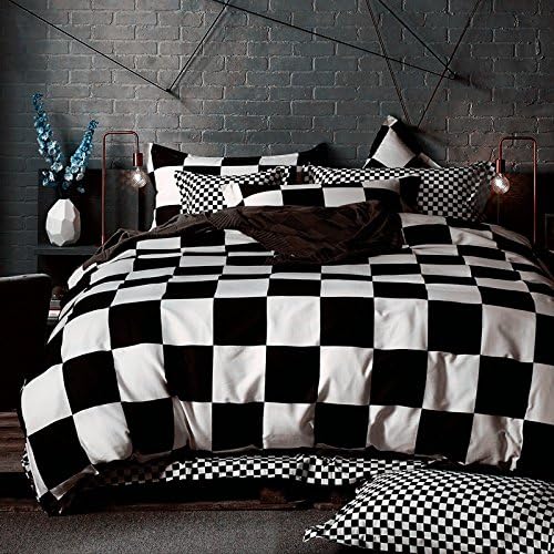 Rose Auroma 100% Cotton Check Design 4 Piece Duvet Cover Pillow Cases Bed Sheet Set Wrinkle & Fade Resistant - Queen, Black and White (Queen)