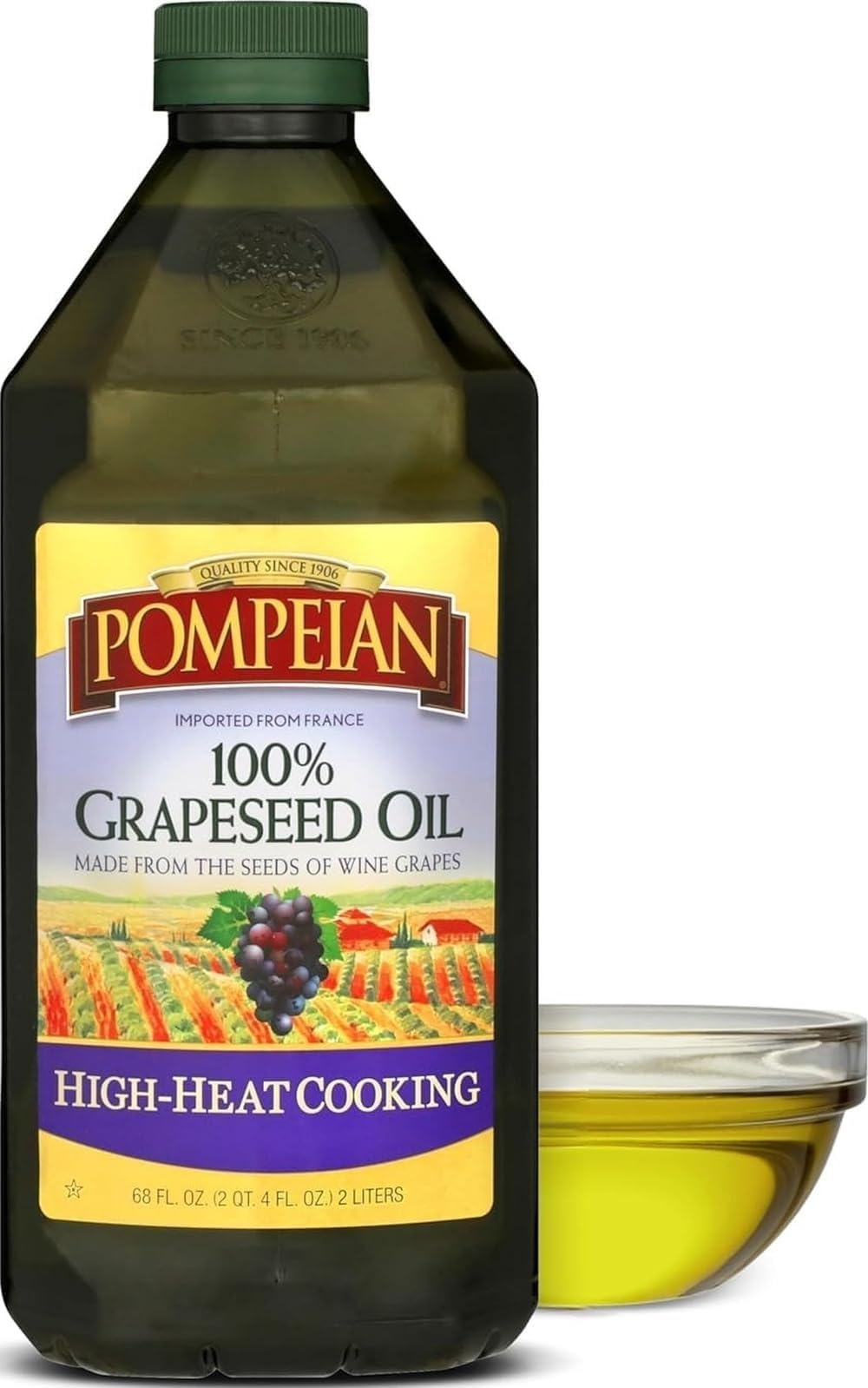 Pompeian 100% Grapeseed Oil - 68 fl oz (2 L) - Value Size | Grapeseed Oil for High Heat Cooking - Light and Subtle Flavor for Deep Frying and Baking Desserts - High Smoke Point