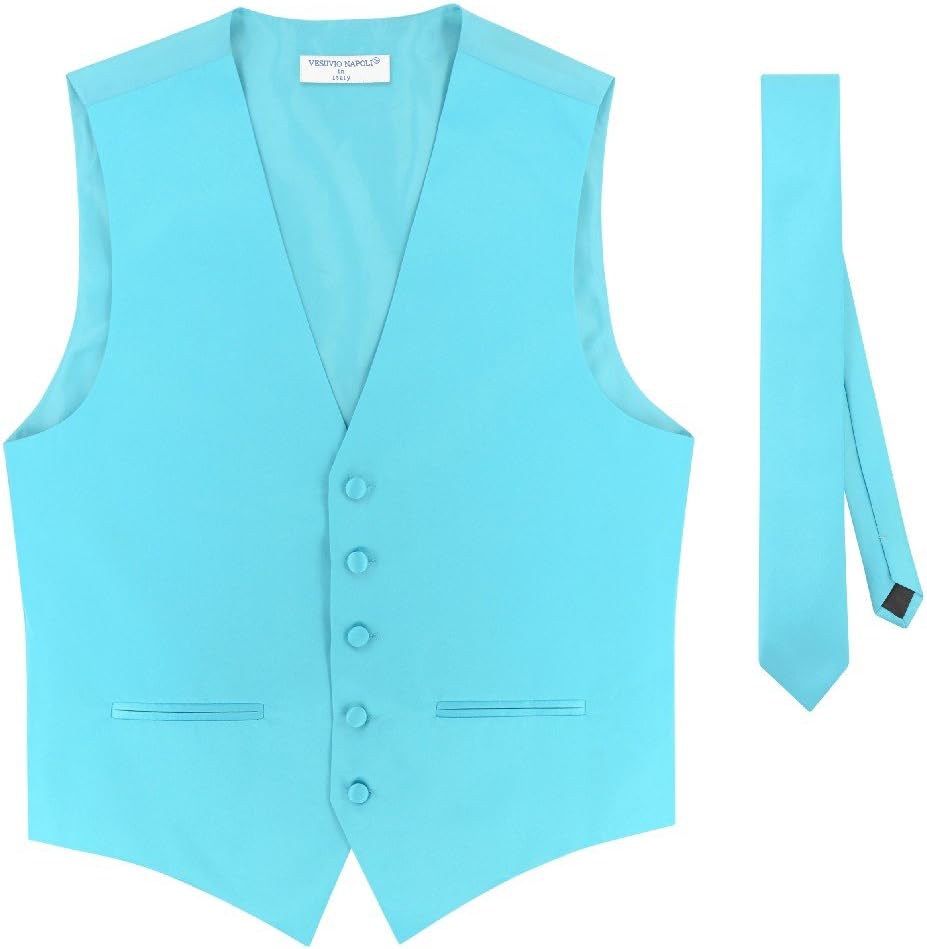 Vesuvio Napoli Mens SLIM FIT Dress Vest Skinny NeckTie TURQUOISE AQUA BLUE 2.5" Tie Hanky Set