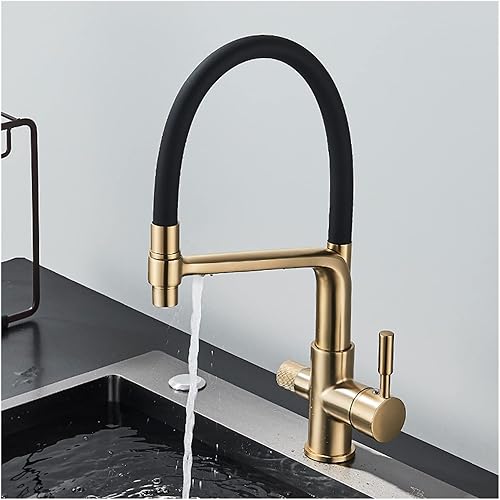 Miniatura 6 de KYLEX Grifo de cocina de oro cepillado con filtro de agua doble boquilla función de purificación de grifo de cocina con rotación de 360 grúa de agua