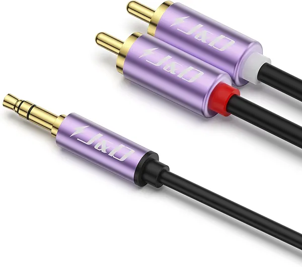 J&D 3.5mm Male to 2 RCA Phono Male Stereo Audio Cable, Aluminum Alloy Shell Gold-Plated RCA Audio Adapter Aux Cable, Purple, 6 Feet