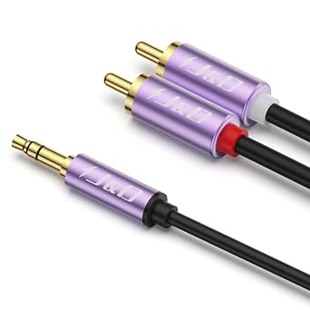 J&D 3.5mm Male to 2 RCA Phono Male Stereo Audio Cable, Aluminum Alloy Shell Gold-Plated RCA Audio Adapter Aux Cable, Purple, 6 Feet