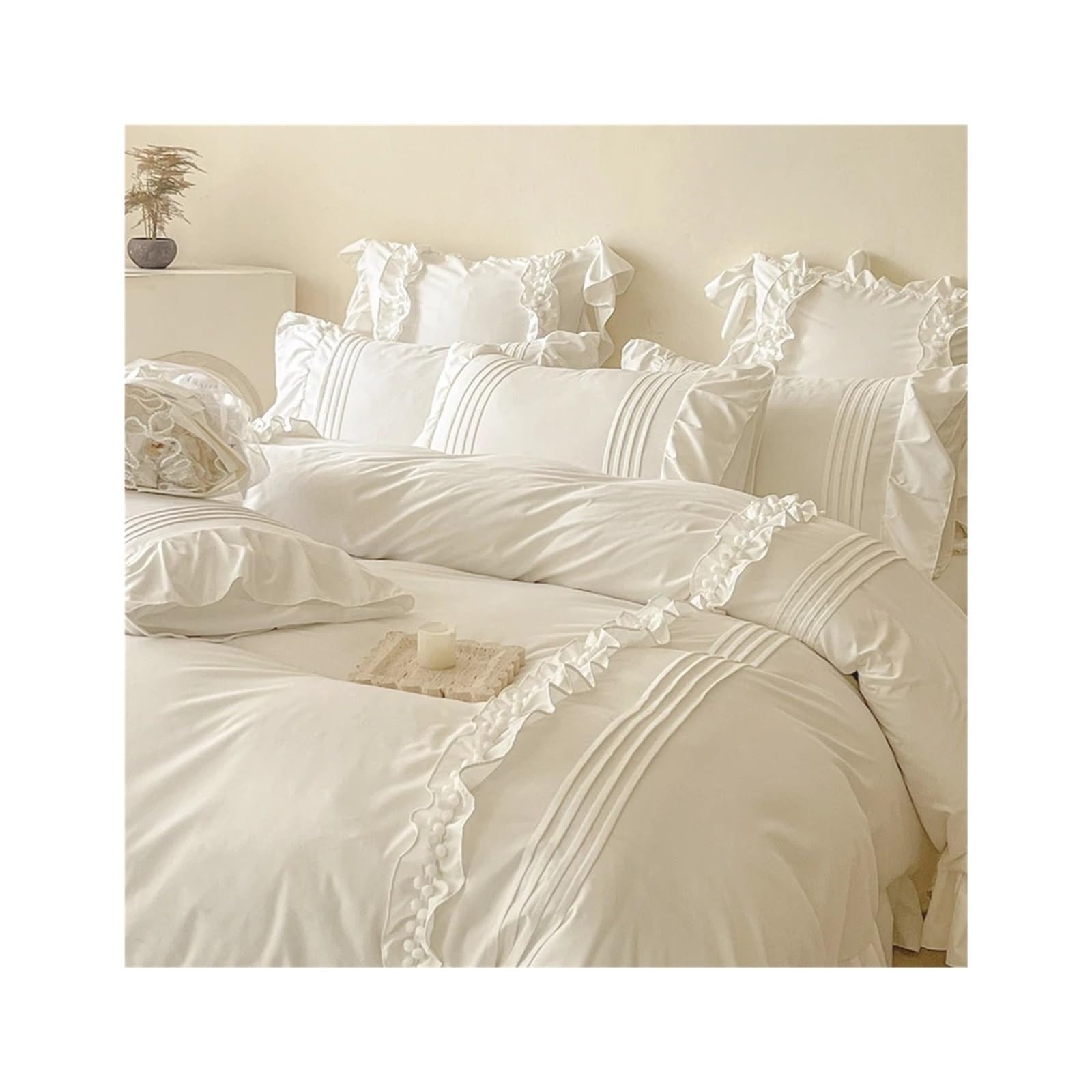 ZHSOAO Lace Ruffles Bedding Set Solid Color Duvet Cover Flat Bed Sheet With 2 Pillowcases for Bed(150x200cm bed 4 pcs)