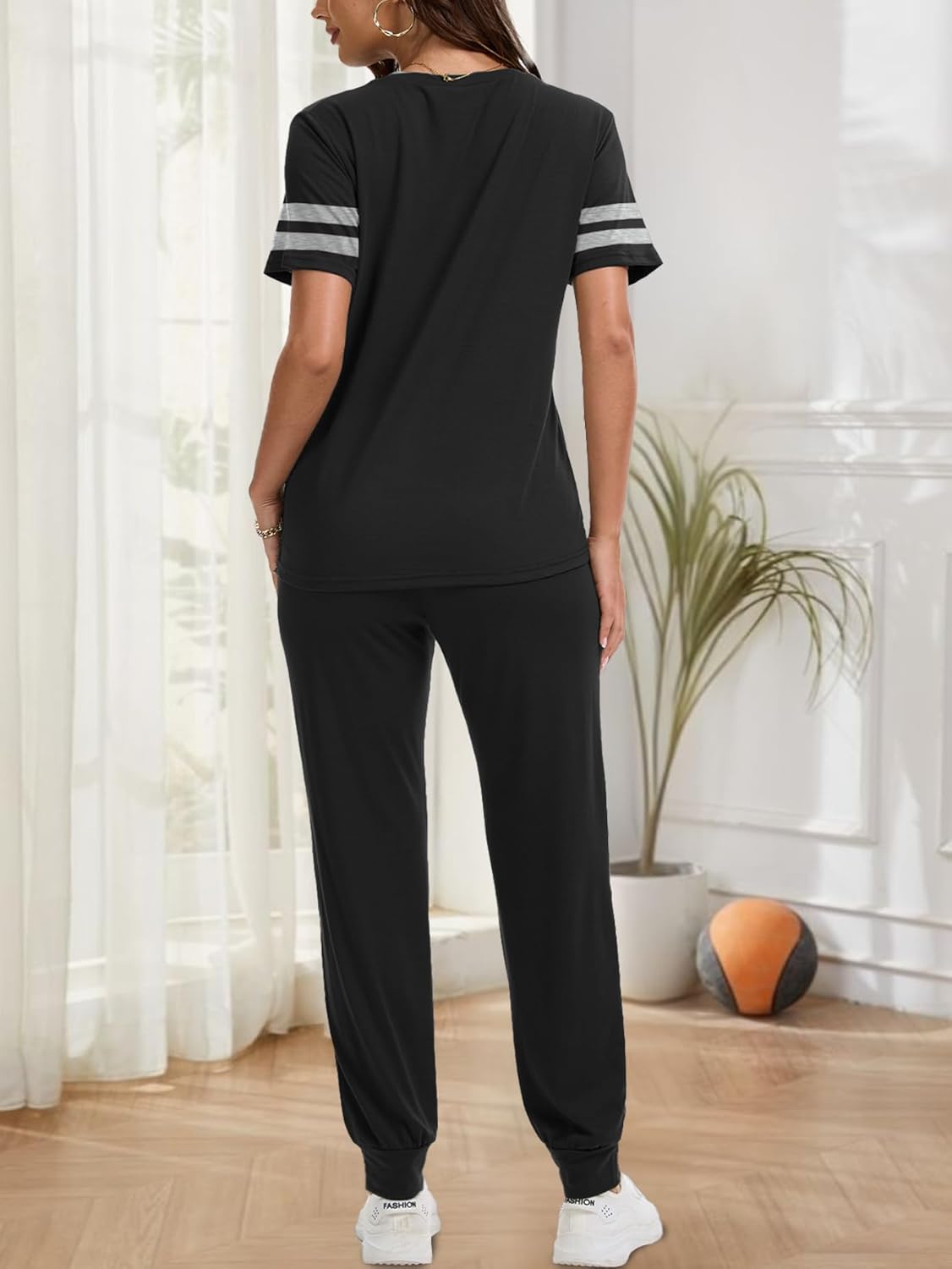 Women 2 Piece Outfits 2026 Summer Casual Tracksuit Short Sleeve Sweatpants Lounge Sets Travel Sweatsuits with Pocket - Image 3