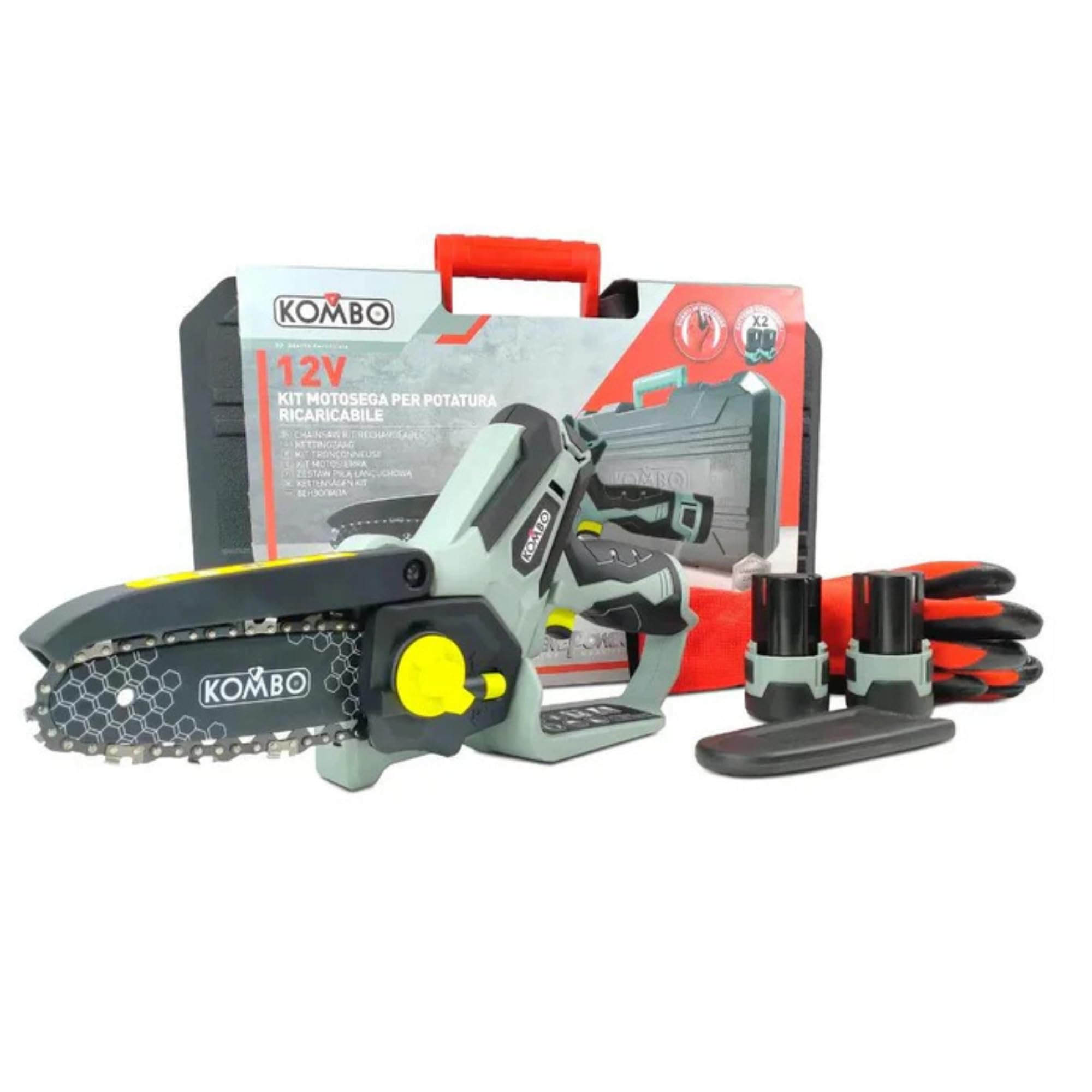 KOMBO Pro – Motosierra a batería de 12 V con 2 baterías recargables, barra de 15,5 cm, cadena de 3/8", corte de hasta 12 cm, tensor de cadena SDS, guantes DPI clase 2 incluidos