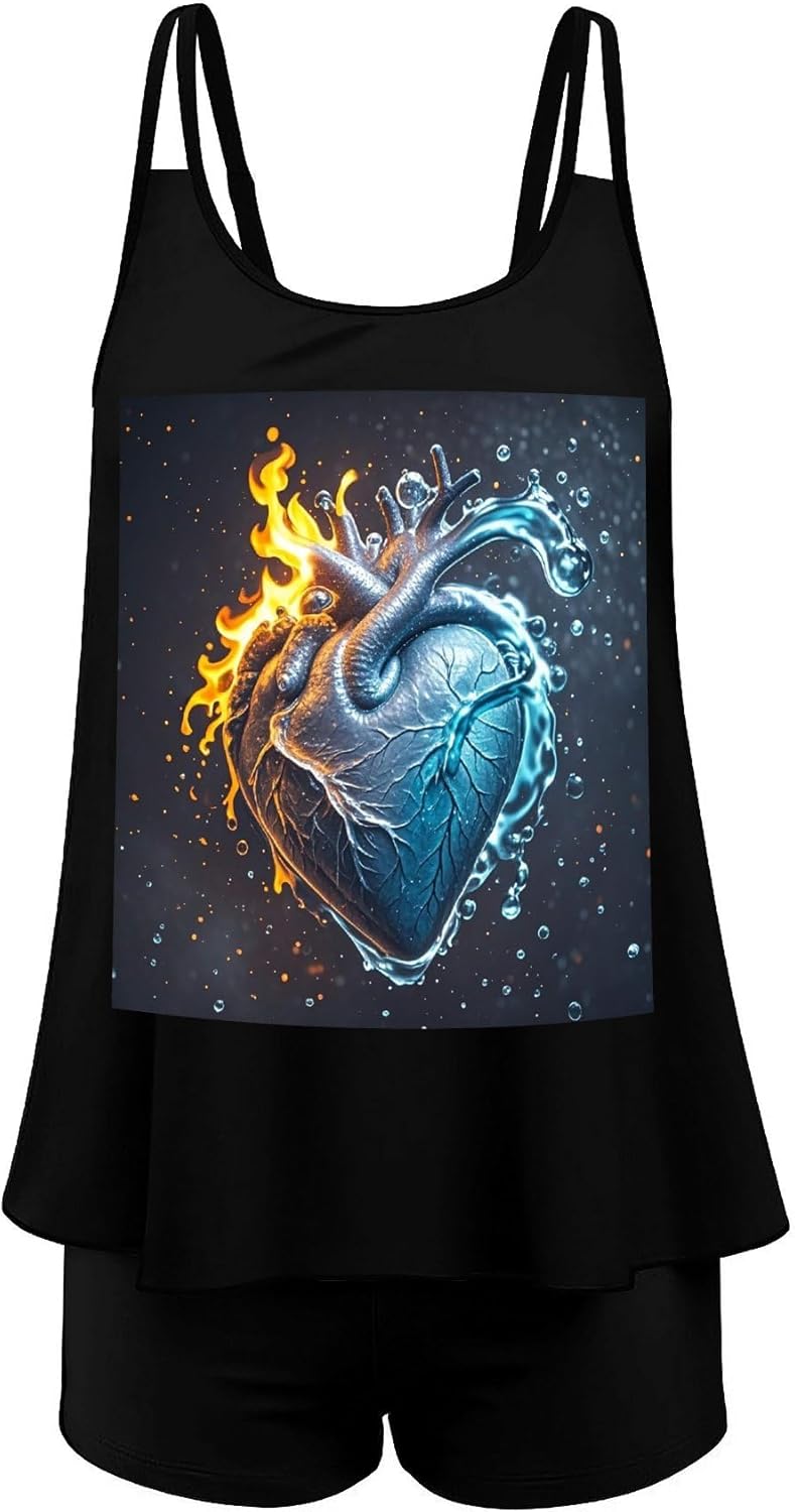 Fire and Water Heart Tankini Swimsuits for Women Tummy Control Two Piece Bathing Suits Swim Tops with Boy Shorts